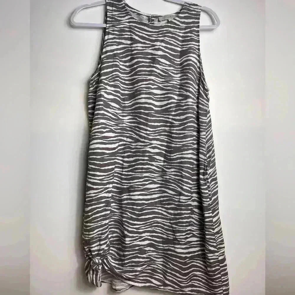 LOFT Zebra Brown White Sleeveless Pocket Linen Keyhole Shift Dress Women’s 6 - Picture 2 of 8